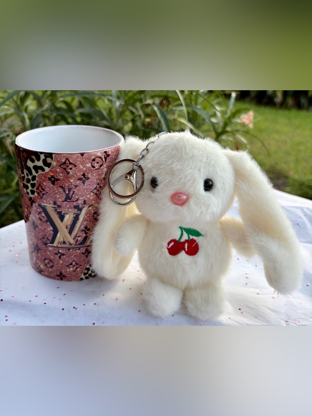 NEW LARGE Plush  Bunny Keychain, Bag Charm, Backpack Charm w/ Cherry Embroidery